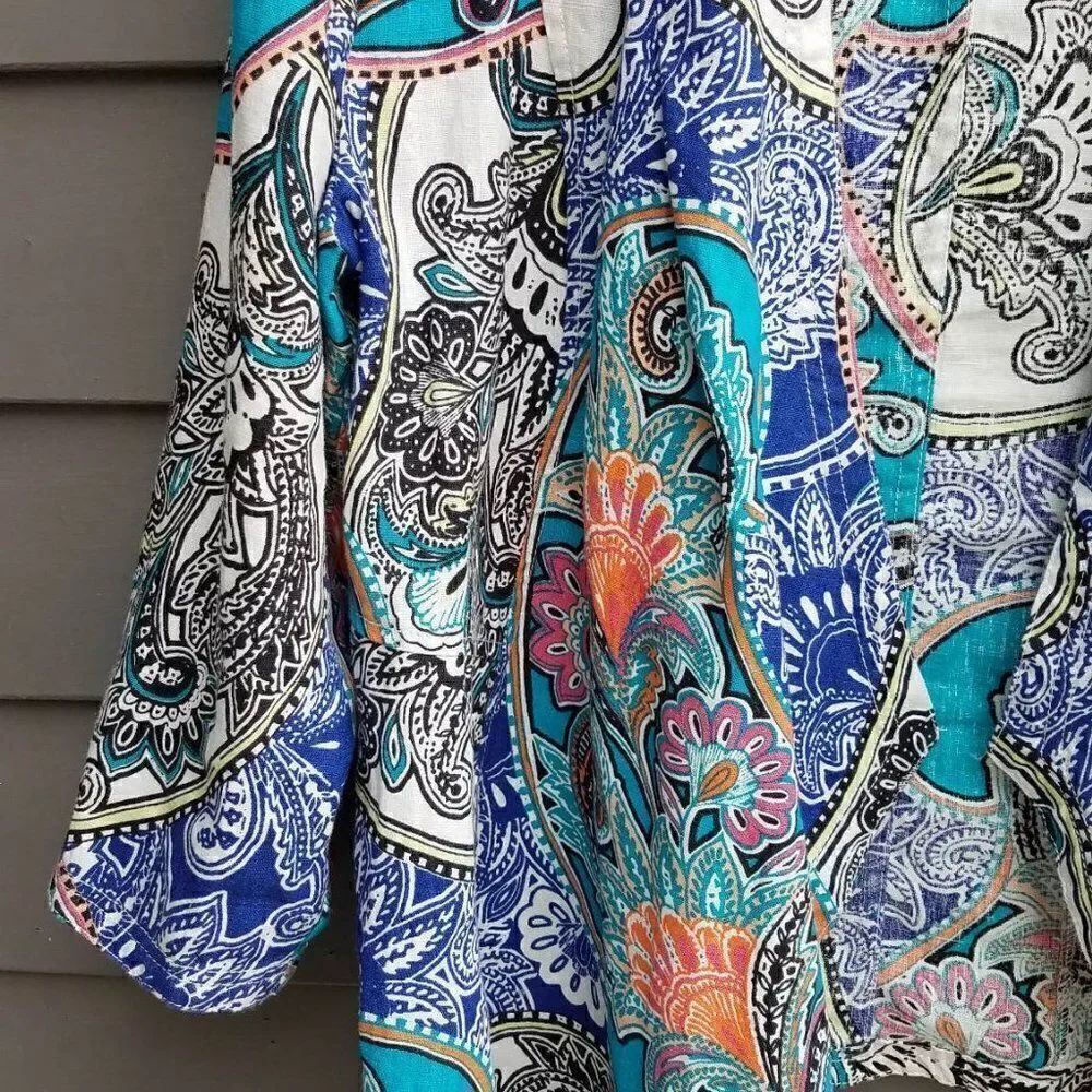 Chicos Linen Pink/White/Turquoise Mod open Jacket Size 2 - Picture 6 of 10